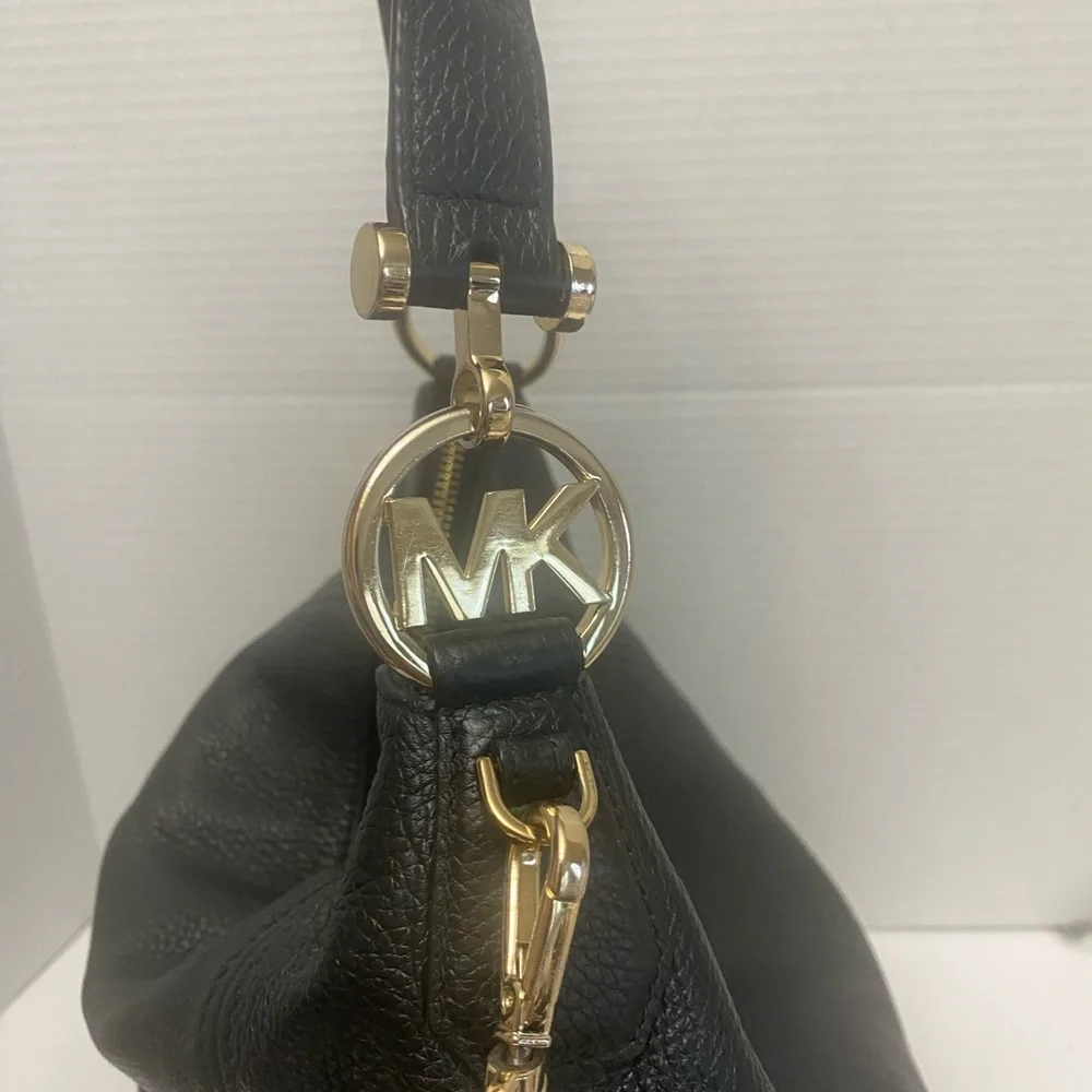 Michael Kors Fulton Black Leather Hobo Bag with Gold Accents shoulder & XBody